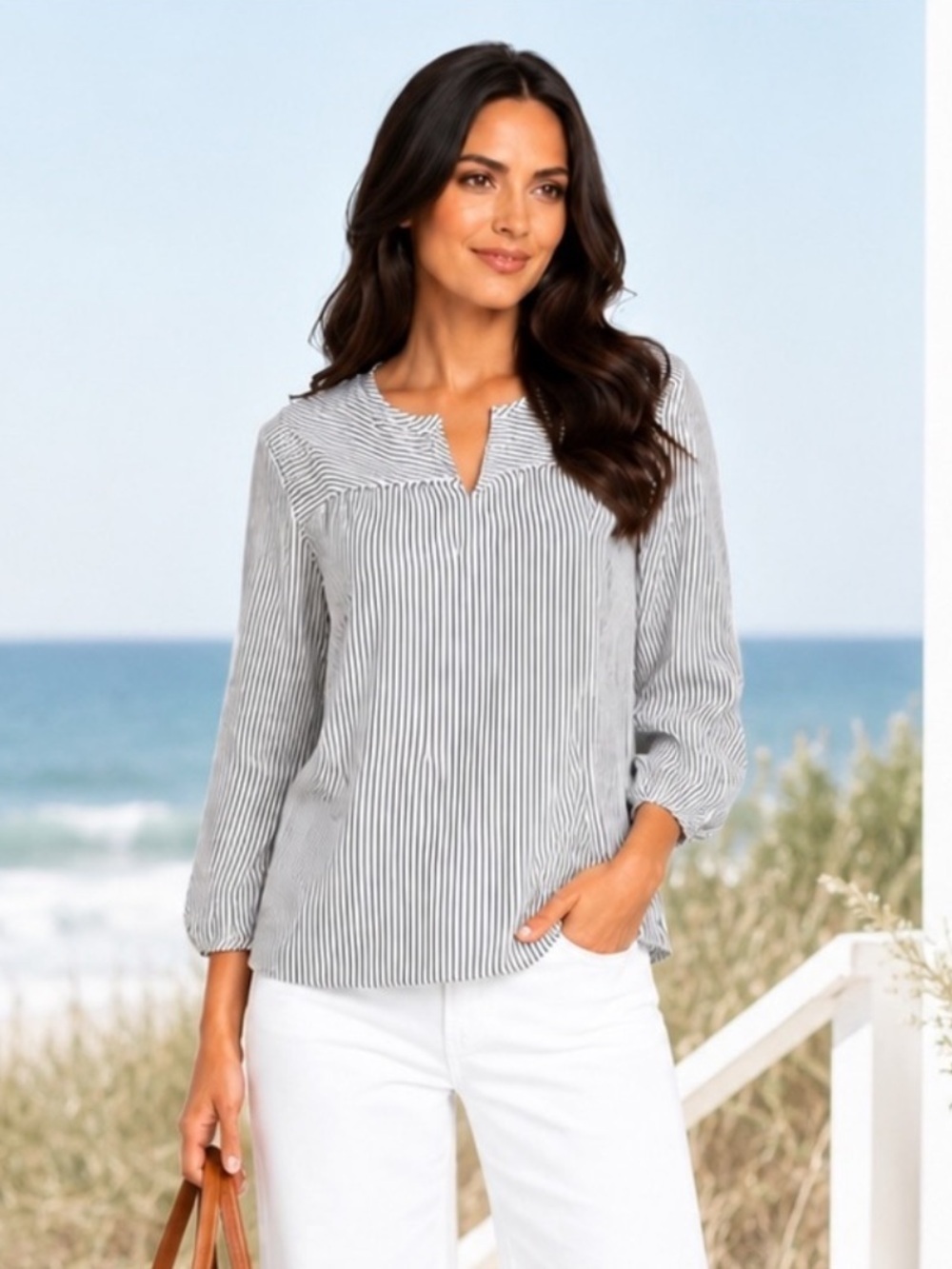 NWT Lands’ End Women’s 3/4 Sleeve Slub Top White/Black Stripe Size X-Small